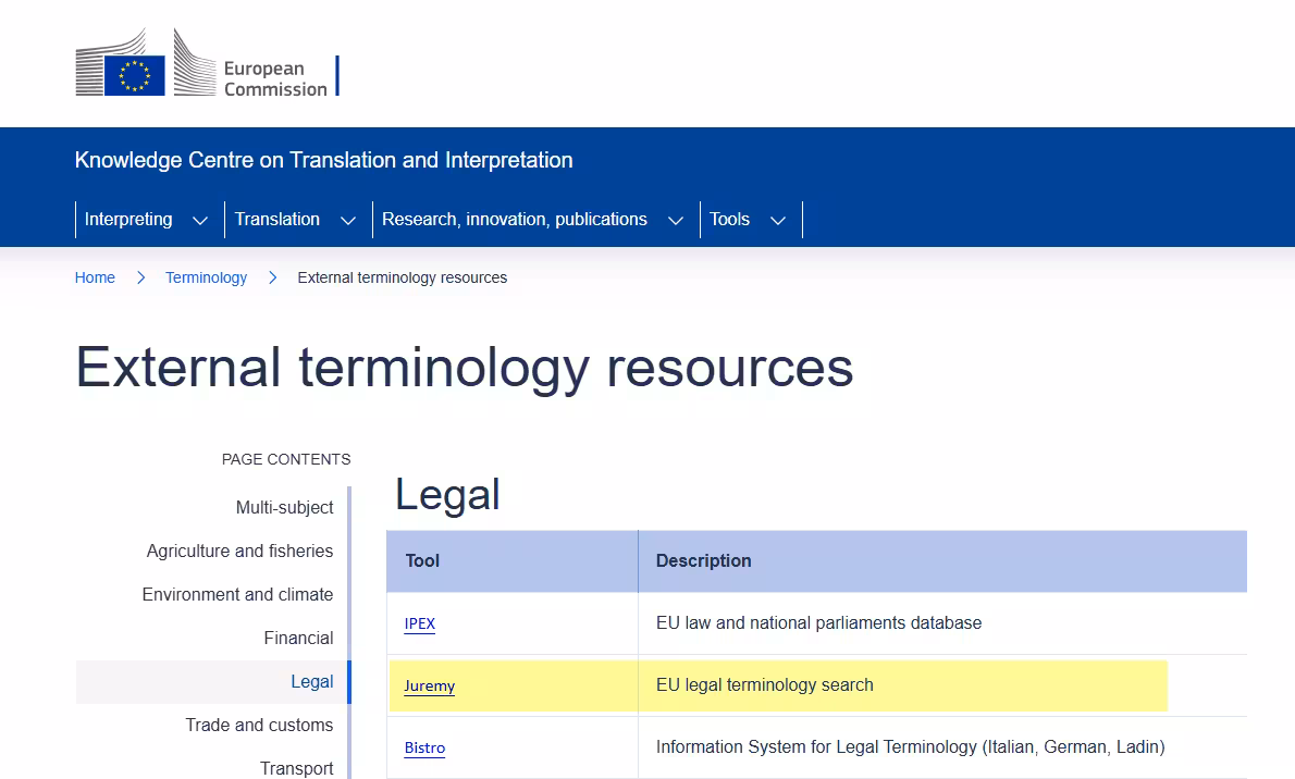 Screenshot showing the external legal tools section of the EC Knowledge Centre