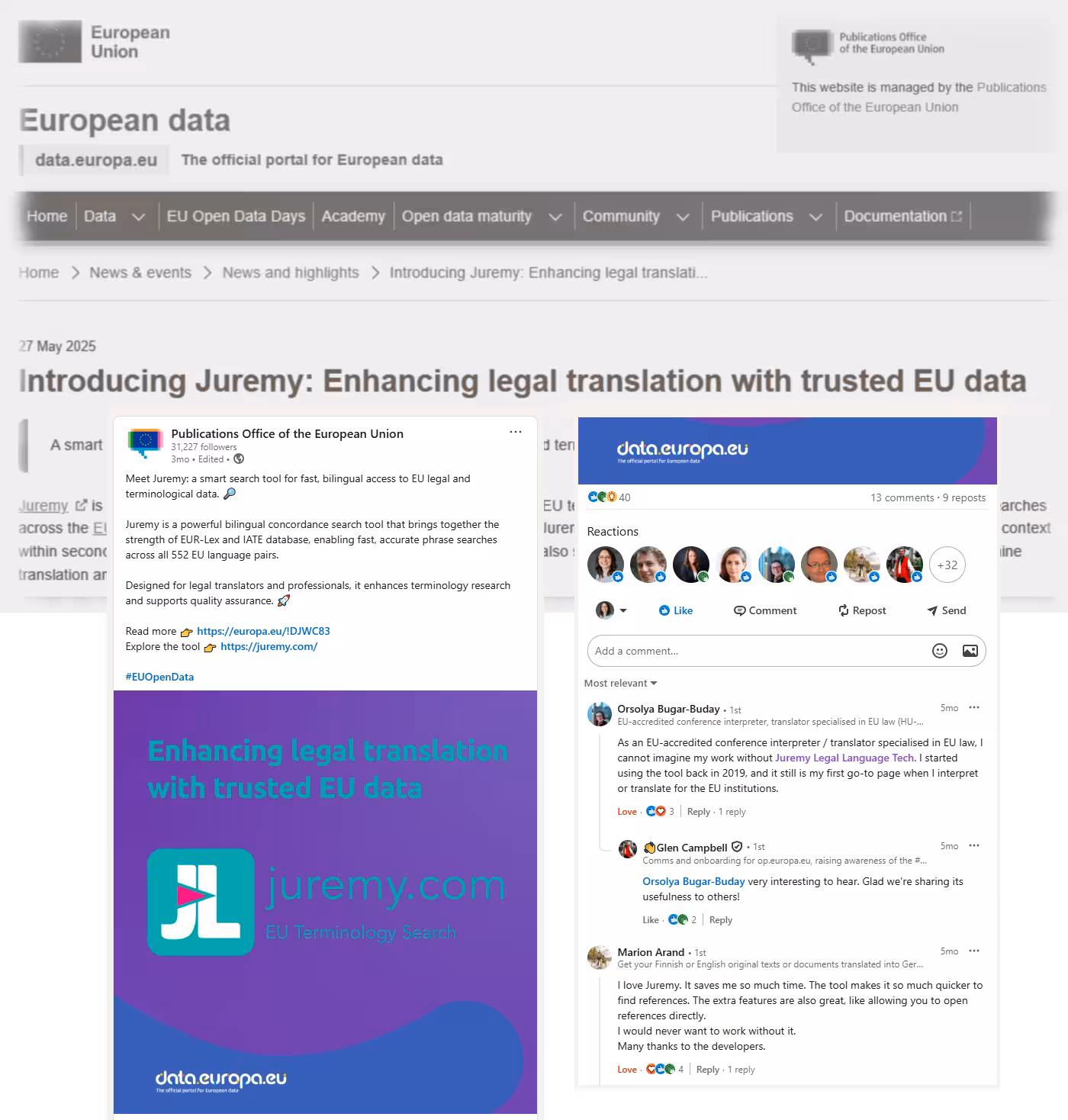 Screenshot showing the data portal article and linkedin comments