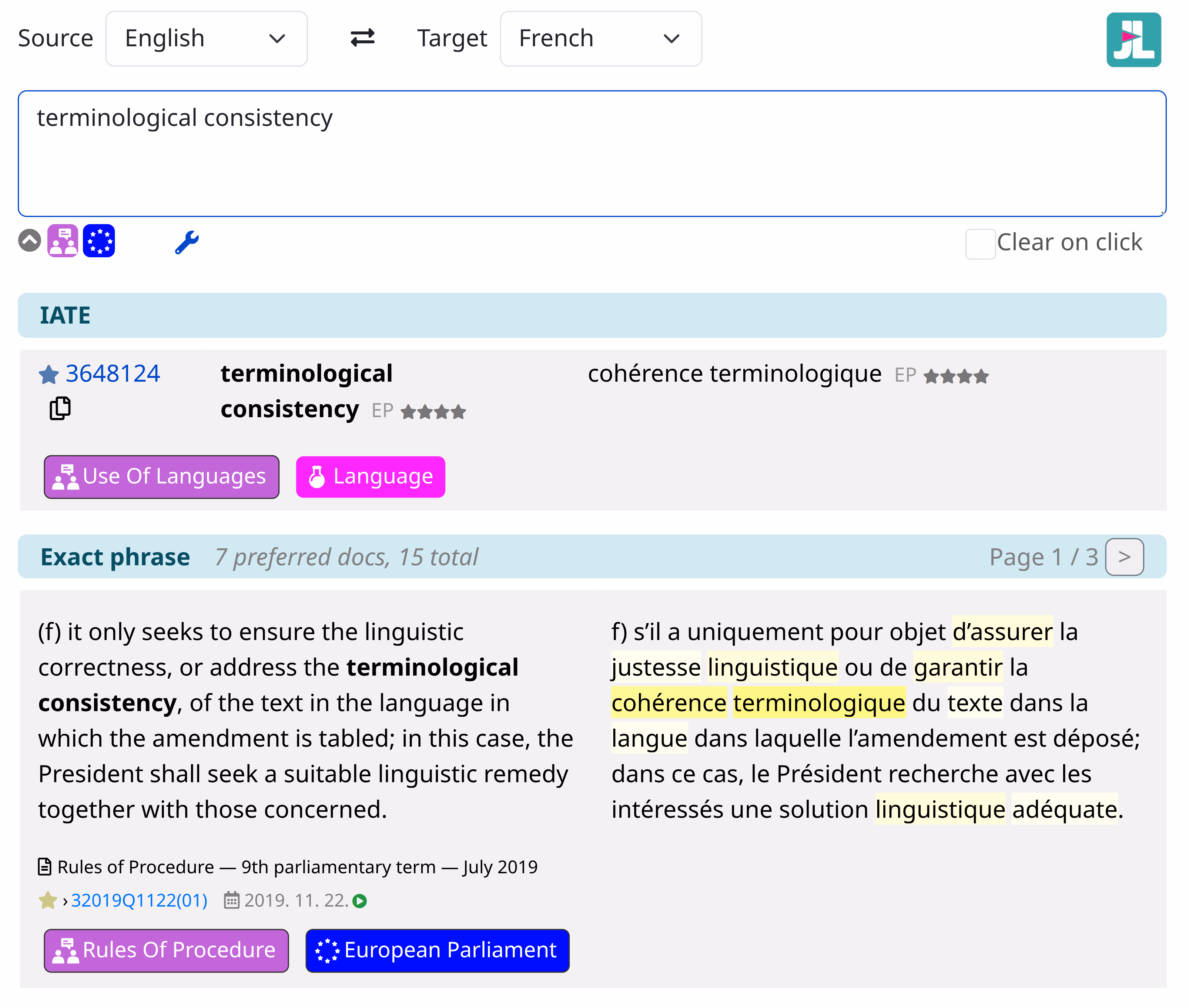 Screenshot of Juremy, showing compact mobile render of search results.