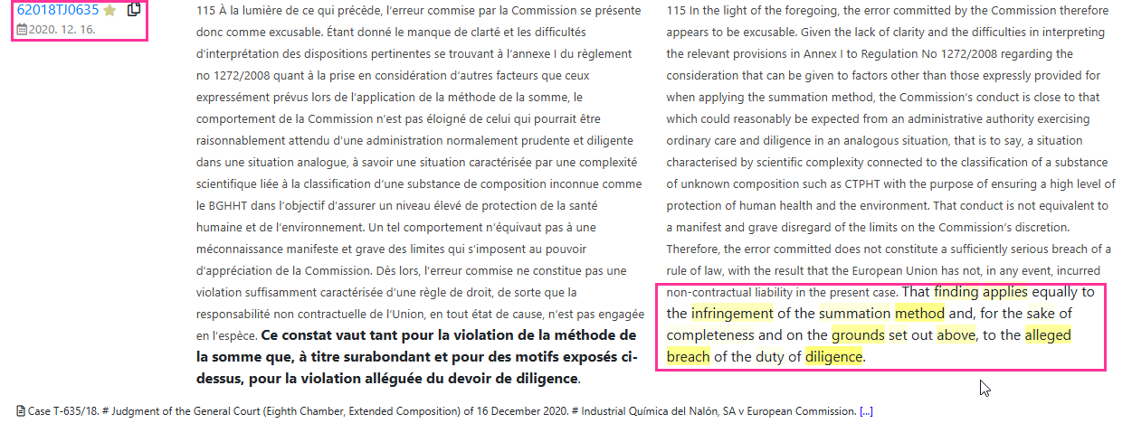 Juremy screenshot: exact result found in EU corpus